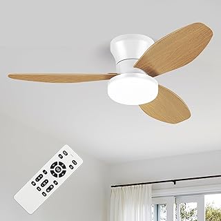 Small White&Wood Ceiling Fan with Light - 35 Inch Flush Mount Ceiling Fan with Lights and Remote, Low Profile Ceiling Fans with 3 Reversible Blades, 6 Speeds, Ceiling Fans for Bedroom Kitchen