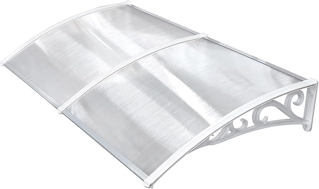 LOECOHO Front Door Canopy, Outdoor Awning Patio Porch Awning, 190 x 98.5 cm Rain Shelter with Transparent Polycarbonate and Aluminium Frame, for Outdoor Sun Protection, Rain Protection, White