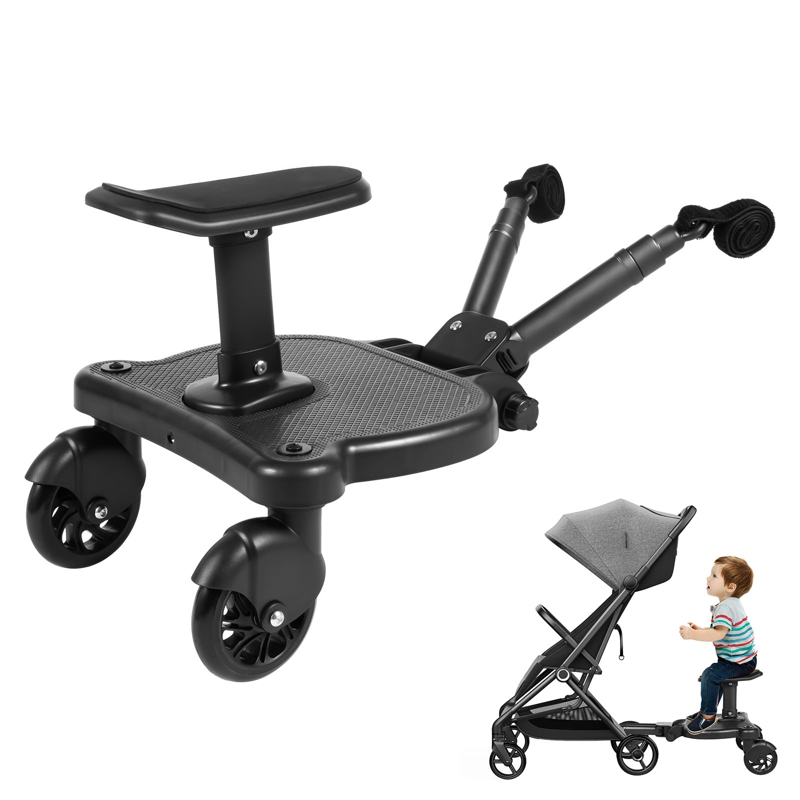 Planche Poussette Universelle avec Siège Amovible, Marche Pied Poussette pour Enfants de 3 à 7 Ans, Skate Poussette pour Deuxième Enfant avec Sangle de Suspension, Charge 25kg