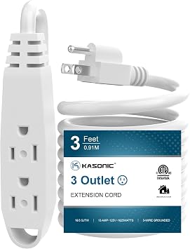 K KASONIC 3 FT 3 Outlet Extension Cord, 16/3 SJTW Grounded Cord, White