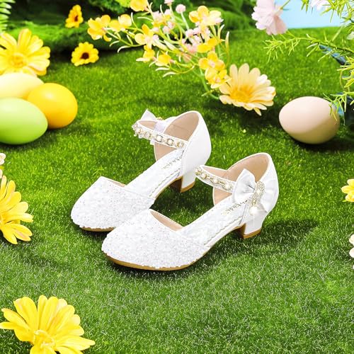 Image of Motasha Sparkly Girls Dress Shoes Kids High Heels Toddler to Big Kid | Glitter Closed Toe, Rhinestone Bow Straps, Hook-and-Loop Closure, Low Heel, Anti-Slip Outsole for Wedding Birthday Parties