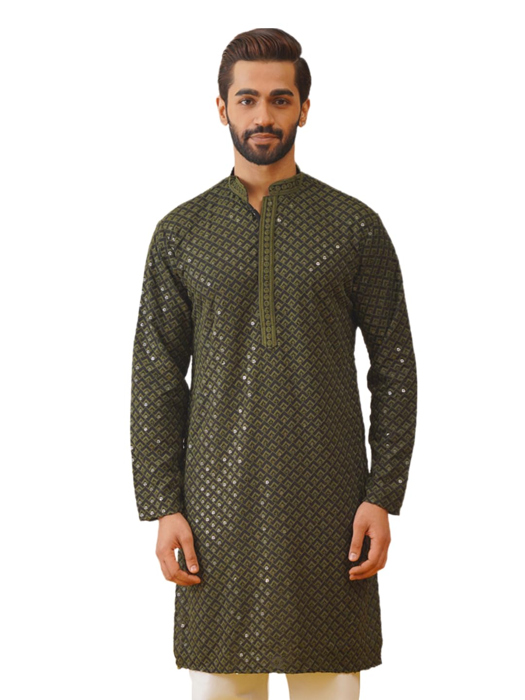Jompers Men's Mehndi Sequin Embroidered Pure Cotton Kurtas. (Mehndi, Xxl)