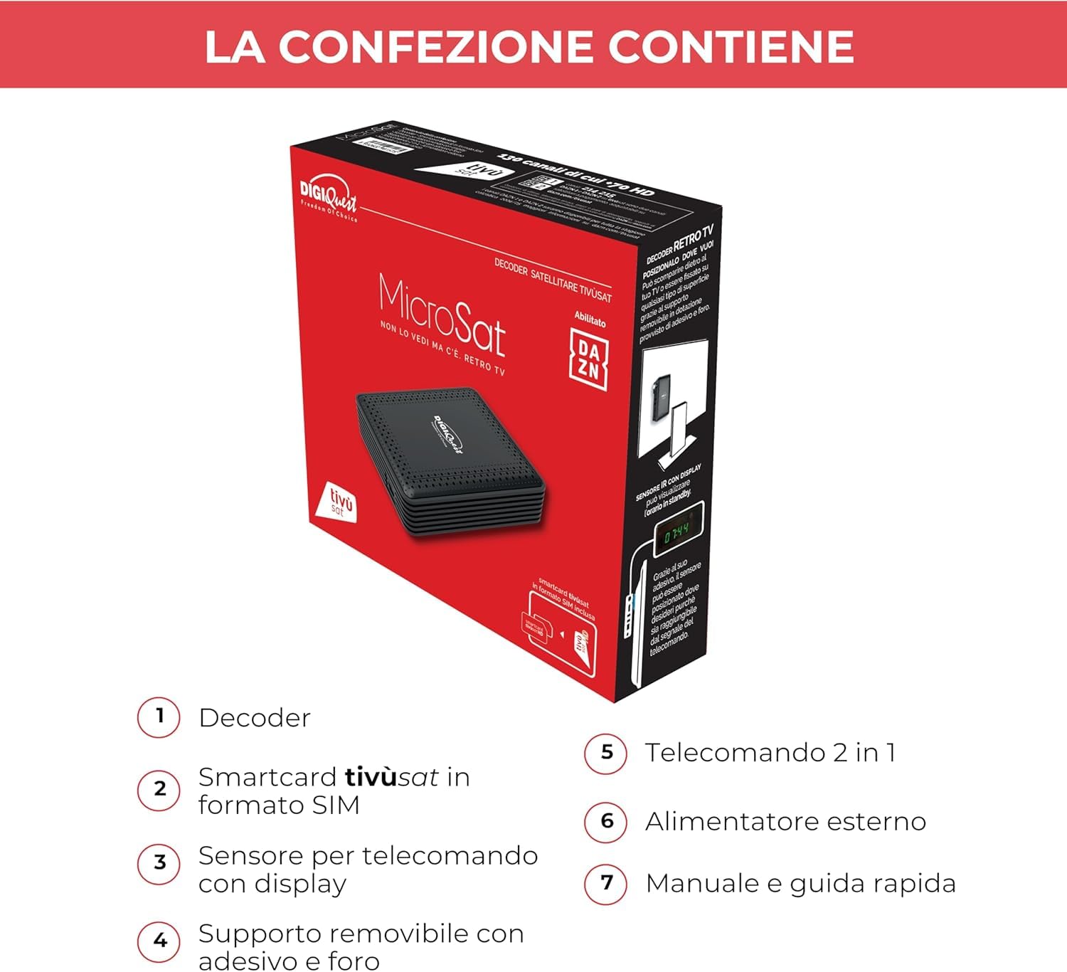 ANFEL Decoder tivùsat RetroTV MICROSAT, DVB-S2 HEVC H265 |AUTOINSTALLANTE | Telecomando 2in1 | SIMcard Tivùsat inclusa | Funzione di registrazione attivabile | Dispositivo abilitato ai canali DAZN