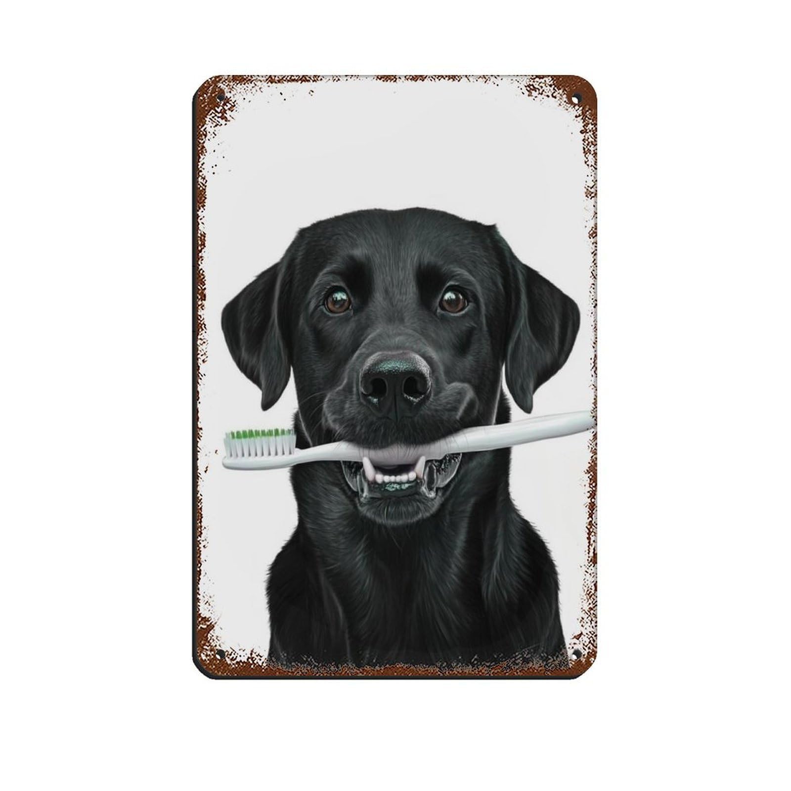 Black Lab Dog Bathroom Art Holding Toothbrush Retro Poster Metal Tin Sign Chic Art Retro Iron Painting Bar People Cave Cafe Family Garage Poster Wall Decoration 8x12inch(20x30cm)