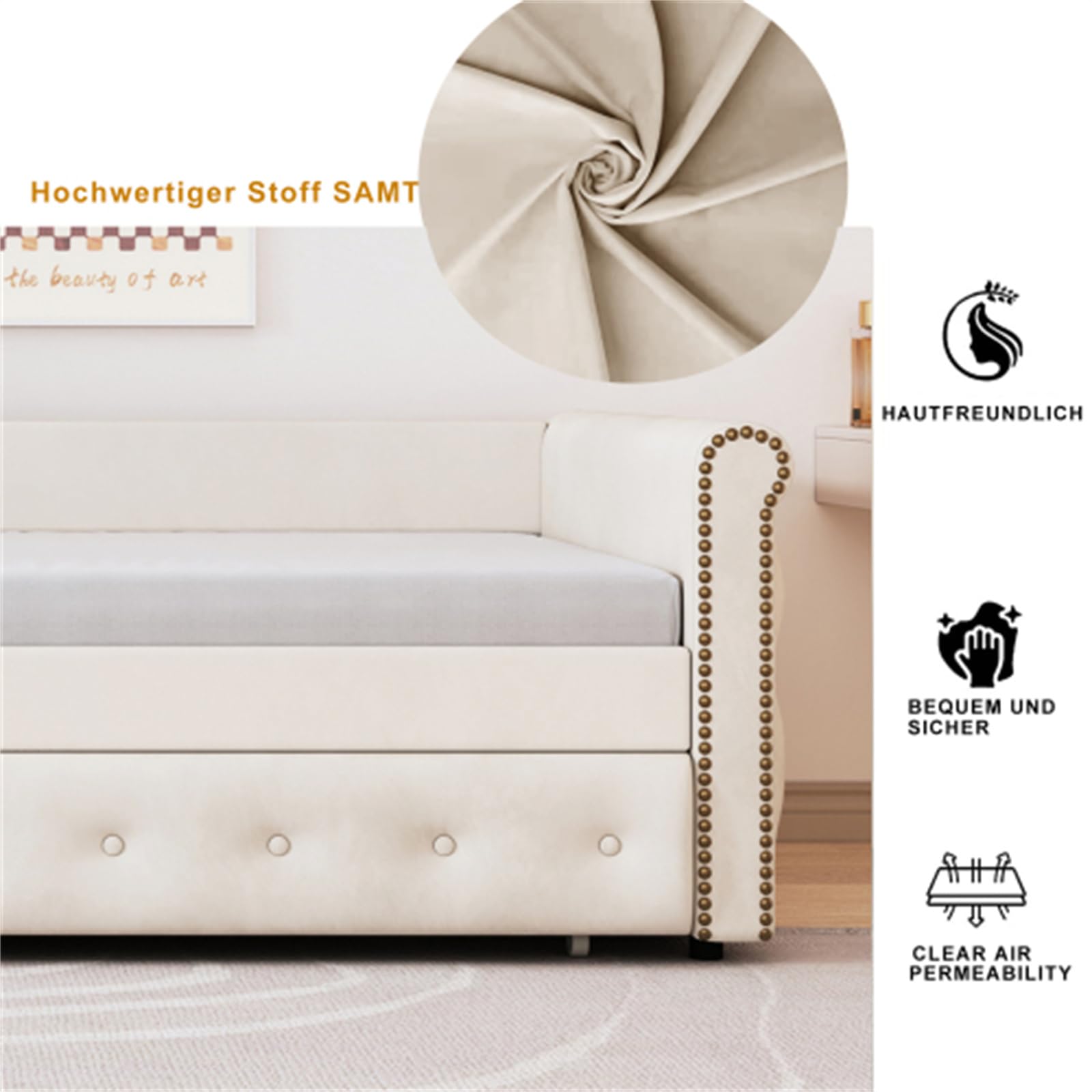 Cama nido tapizada con marco de listones de madera, cama juvenil, cama infantil, cama de invitados (beige + 90 x 200)