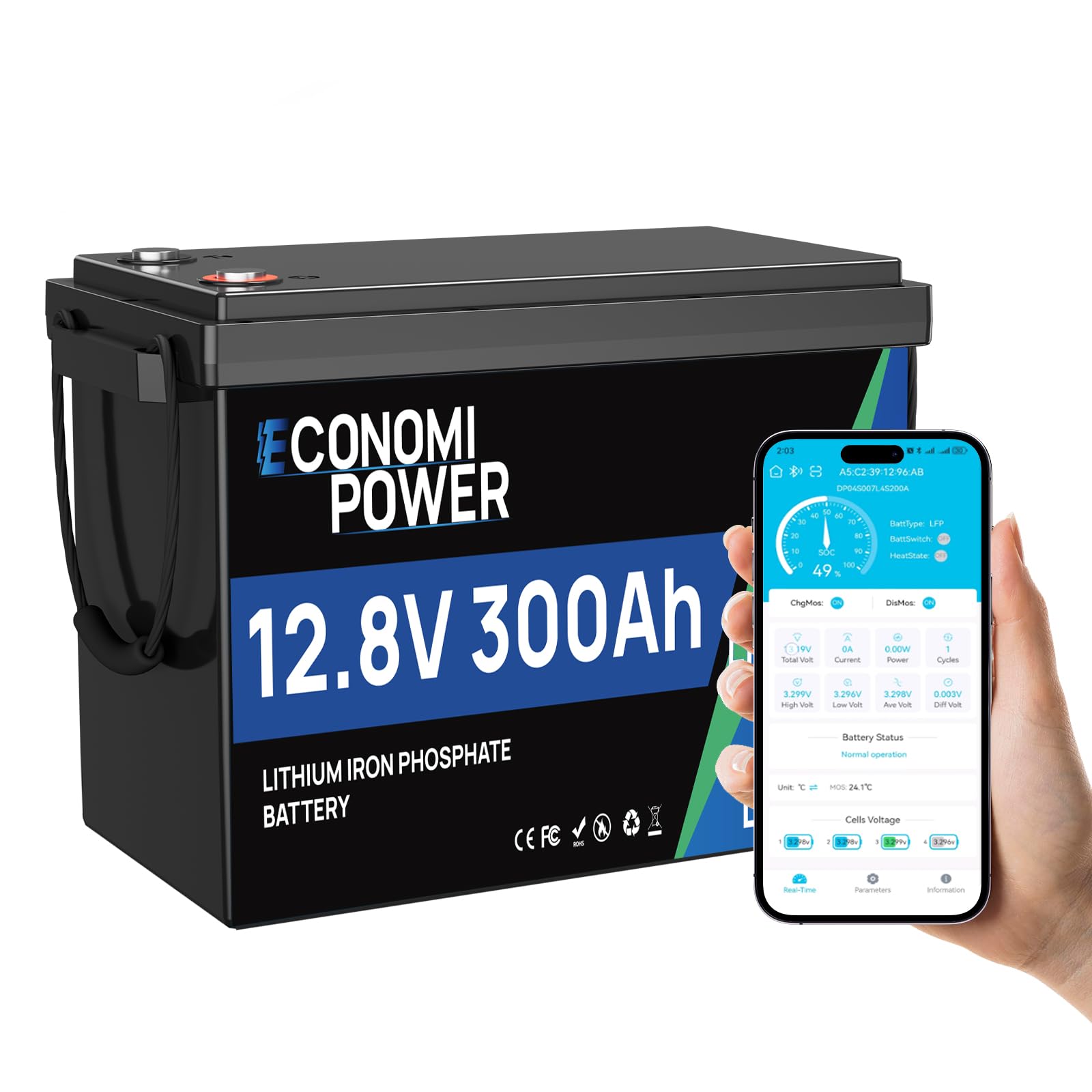 Batterie Lifepo4 300Ah 12V, EconomiPower 3840Wh batterie lithium BMS 200A, Max 15000 temps de cycle et 10 ans de durée de vie, idéal pour solaire, camping-car, d'électricité, off-grid
