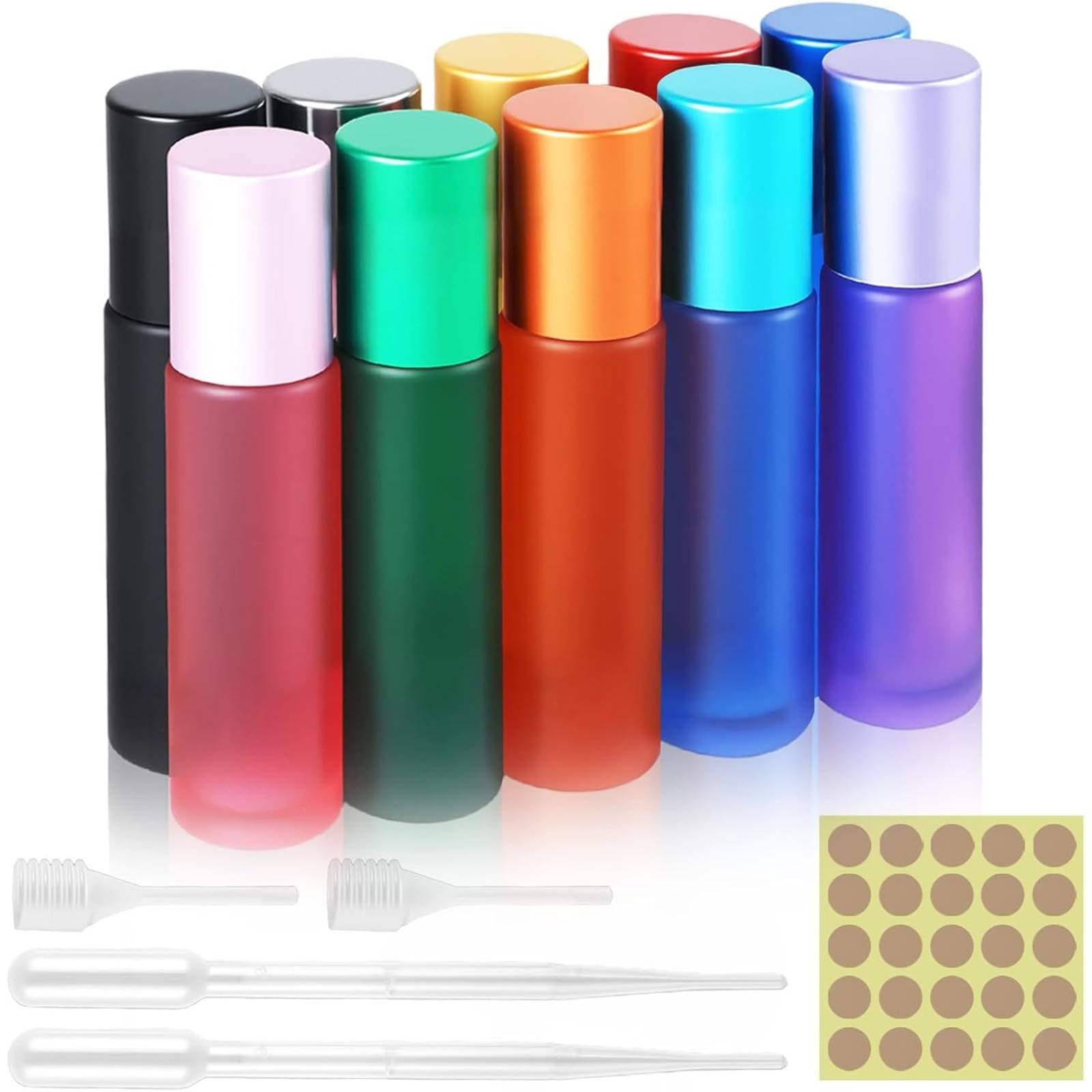 10 pezzi Roll on bottiglia vuota da 10 ml, 10 colori Roll on oli essenziali con apertura, contagocce, adesivi per etichette, deorroller da riempire, oli essenziali per profumi, cosmetici, massaggi