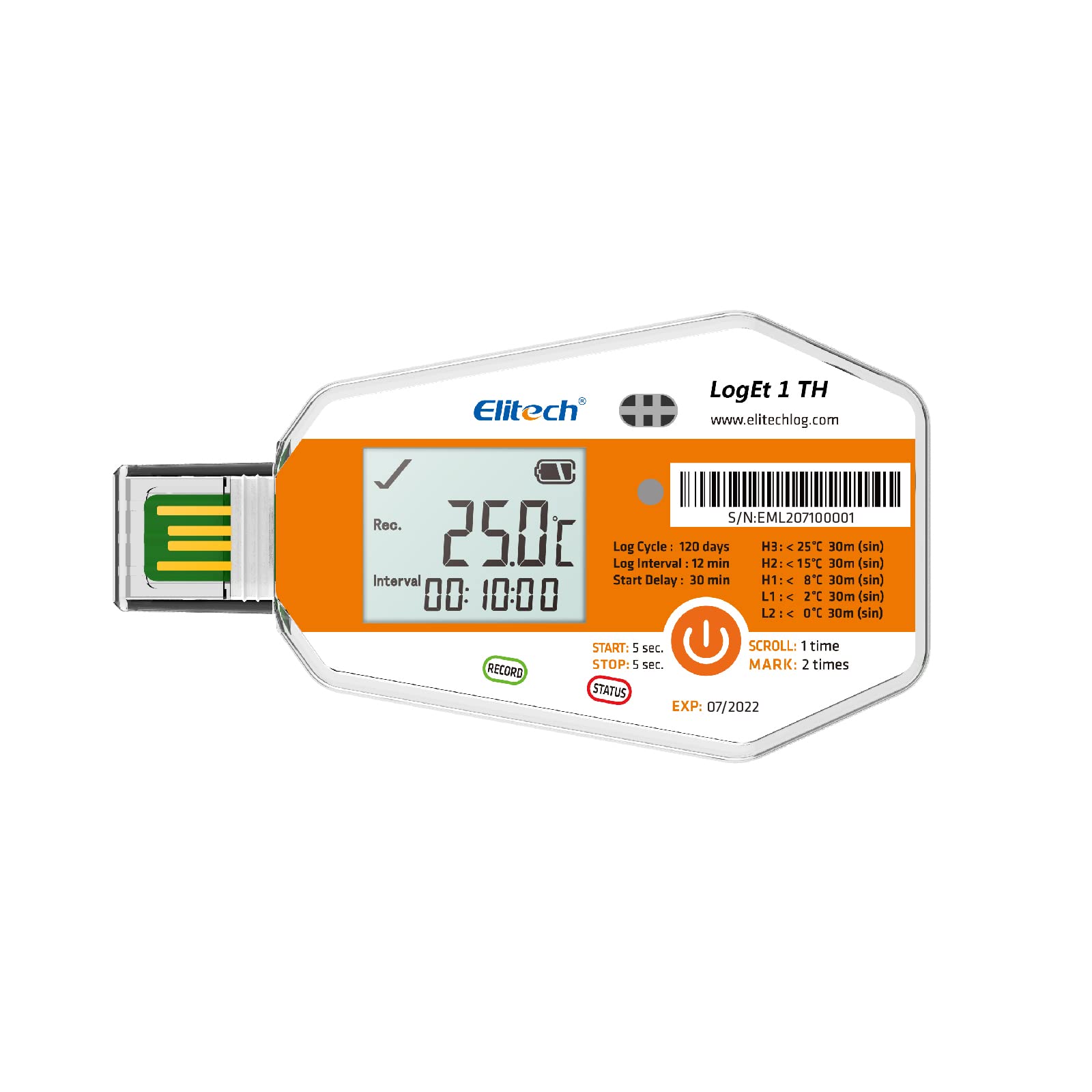 Elitech WHO PQS - Registrador de datos de humedad y temperatura de 120 días con sensor de luz, monitor de cadena fría de un solo uso (CCM) registrador de temperatura con informe PDF de 16000 puntos