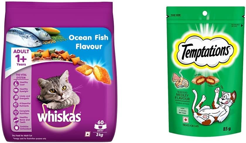 Whiskas Adult (+1 Year) Dry Cat Food Food, Ocean Fish Flavour, 3kg Pack & Cat Treat, Seafood Medley Flavour - 85 g