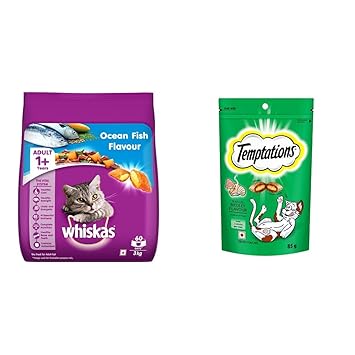 Whiskas Adult (+1 Year) Dry Cat Food Food, Ocean Fish Flavour, 3kg Pack & Cat Treat, Seafood Medley Flavour - 85 g