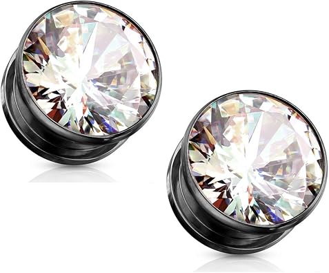 Pierced Owl - Stainless Steel Bezel Set Clear Gem Screw Fit Plug Gauges, Sold As Pair