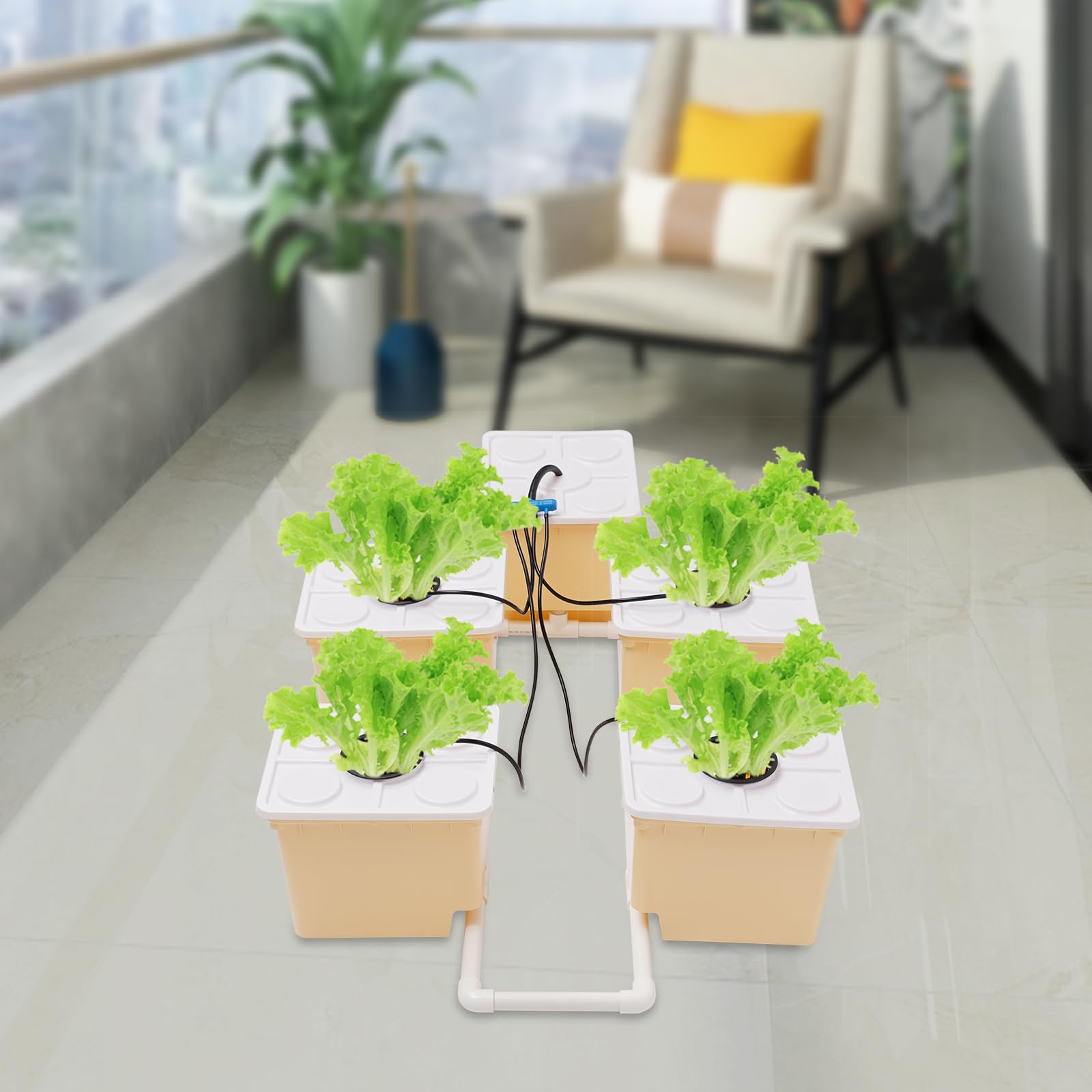 Juego de cubos hidropónicos, sistema DWC con 5 cubos, 4 vasos de red, bomba de agua de 4 W 300 L/h, 11 L de capacidad por cubo, juego de cultivo hidropónico para verduras, hierbas y flores