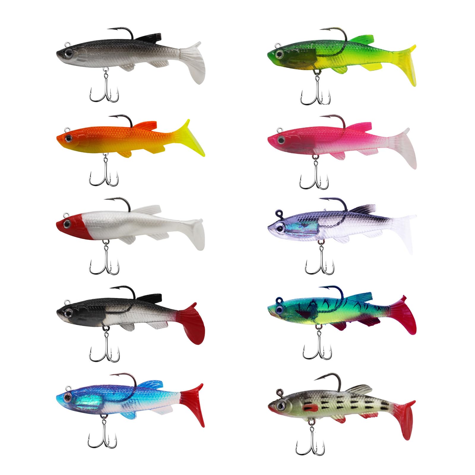 Juego de señuelos de pesca, 10 unidades, peces de goma con cabeza de jig, señuelos artificiales, señuelos de goma, agua dulce y salada, regalo para perca, mandarina suave, boca de caballo, tilapia