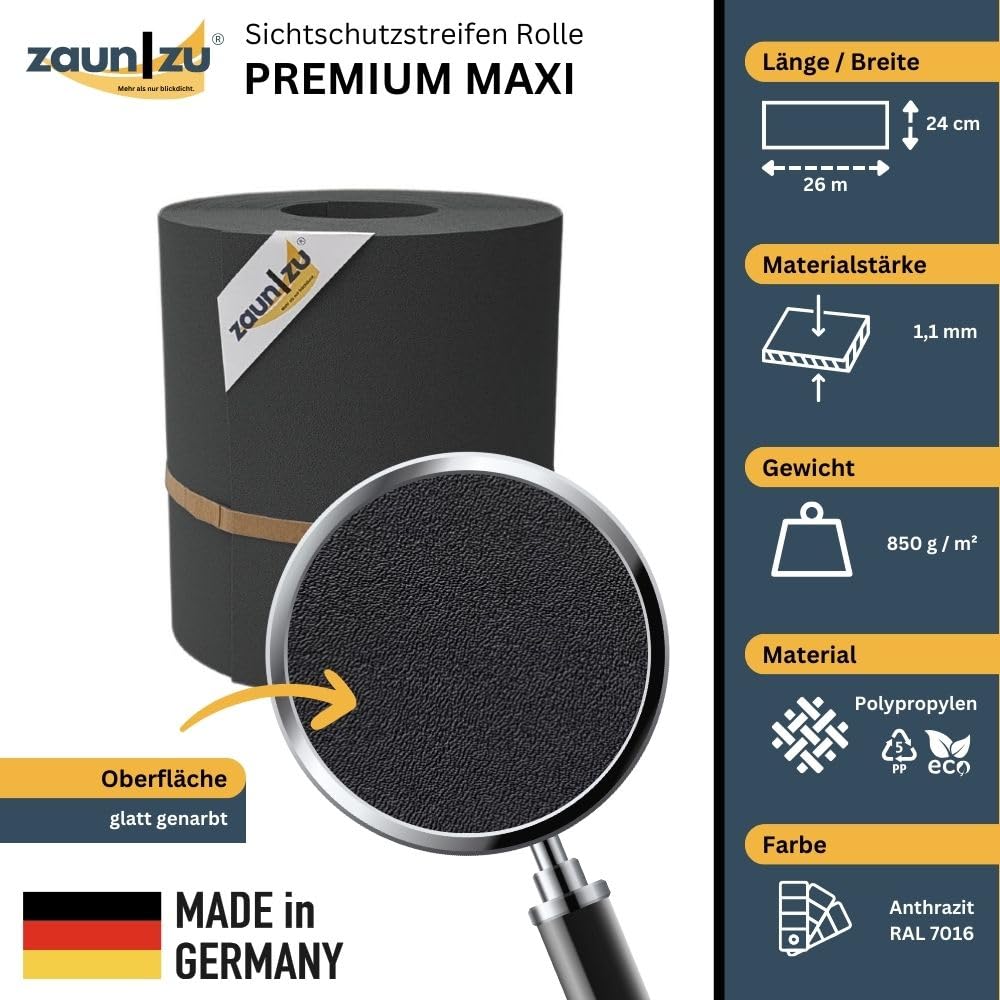 Premium Maxi 26 Meter Rolle 24cm hoch | Sichtschutzstreifen PP für Doppelstabmatten UV-beständiger Sichtschutz | Zaunblende Made in Germany Anthrazit 26m