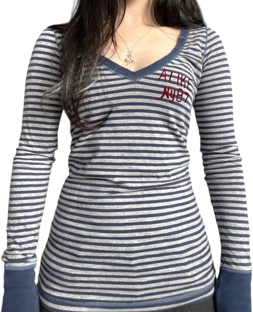 Y2K Shirts Long Sleeve V Neck Grunge Aesthetic T Shirt for Women
