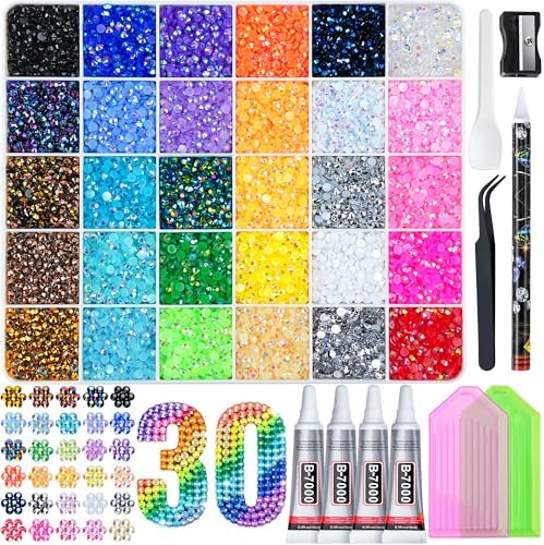 LOTWOW 40000 Pcs Resin Jelly Rhinestones Kit, 30 Colors 3mm Flatback Rhinestones with 4 Pcs B7000 Jewelry Glue & Tools, All-in-One Bedazzling Kit for DIY Arts & Crafts Gifts