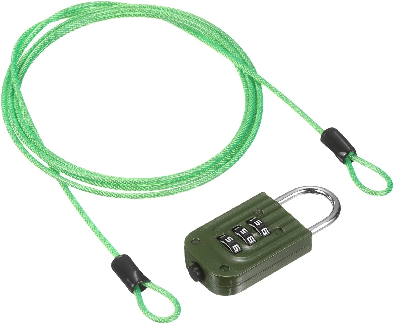 PATIKIL Security Cable with 3Digit Combination Lock, (6.56ft x 3/32", Green), Braided Stainless Steel Safety Cable Wire Rope with Double Loop, Suit for Suitcase/Bicycle/Cabinets