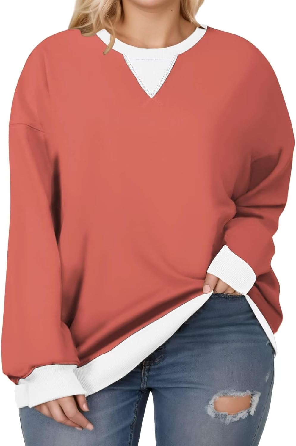 VOGRACE Womens-Plus-Size-Sweatshirts Casual Oversized Pullover Tops Crewneck Long Sleeve Color Block Tunic Outfits