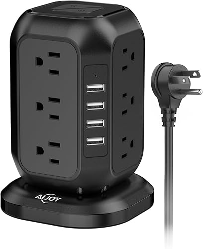 AiJoy - Torre de regleta con puertos USB protector de sobretensiones con 12 tomas de corriente alterna y 4 puertos USB cable de extensión de 10 pies