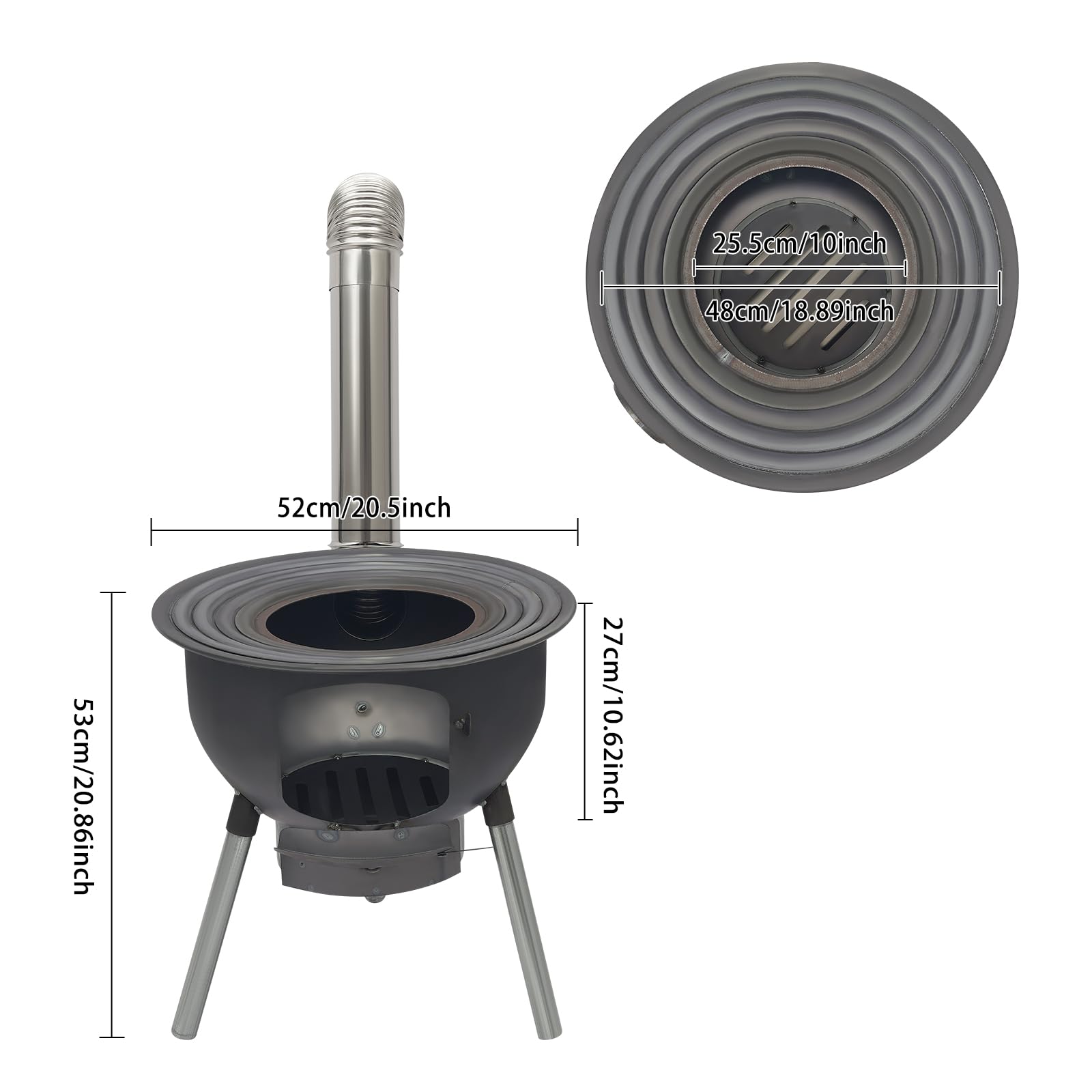 Tragbarer Holzofen mit 3/4 Kochringen & Aschekasten - Abnehmbaren Ofenbeine Robuster Stahlblech-Ofen mit Belüftung und Schornstein Holzofen für Camping, Picknick und Outdoor-Kochen (20.5zoll)