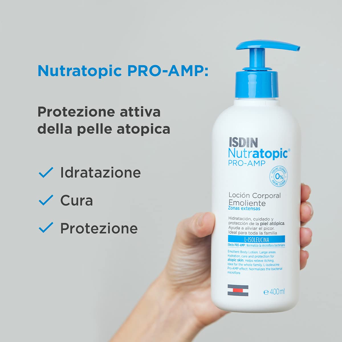 ISDIN Nutratopic PRO-AMP Lozione Corpo Emolliente (400 ml) | Idratazione, Cura e Protezione della Pelle Atopica | Adatta a Tutta la Famiglia | Aiuta ad Alleviare il Prurito