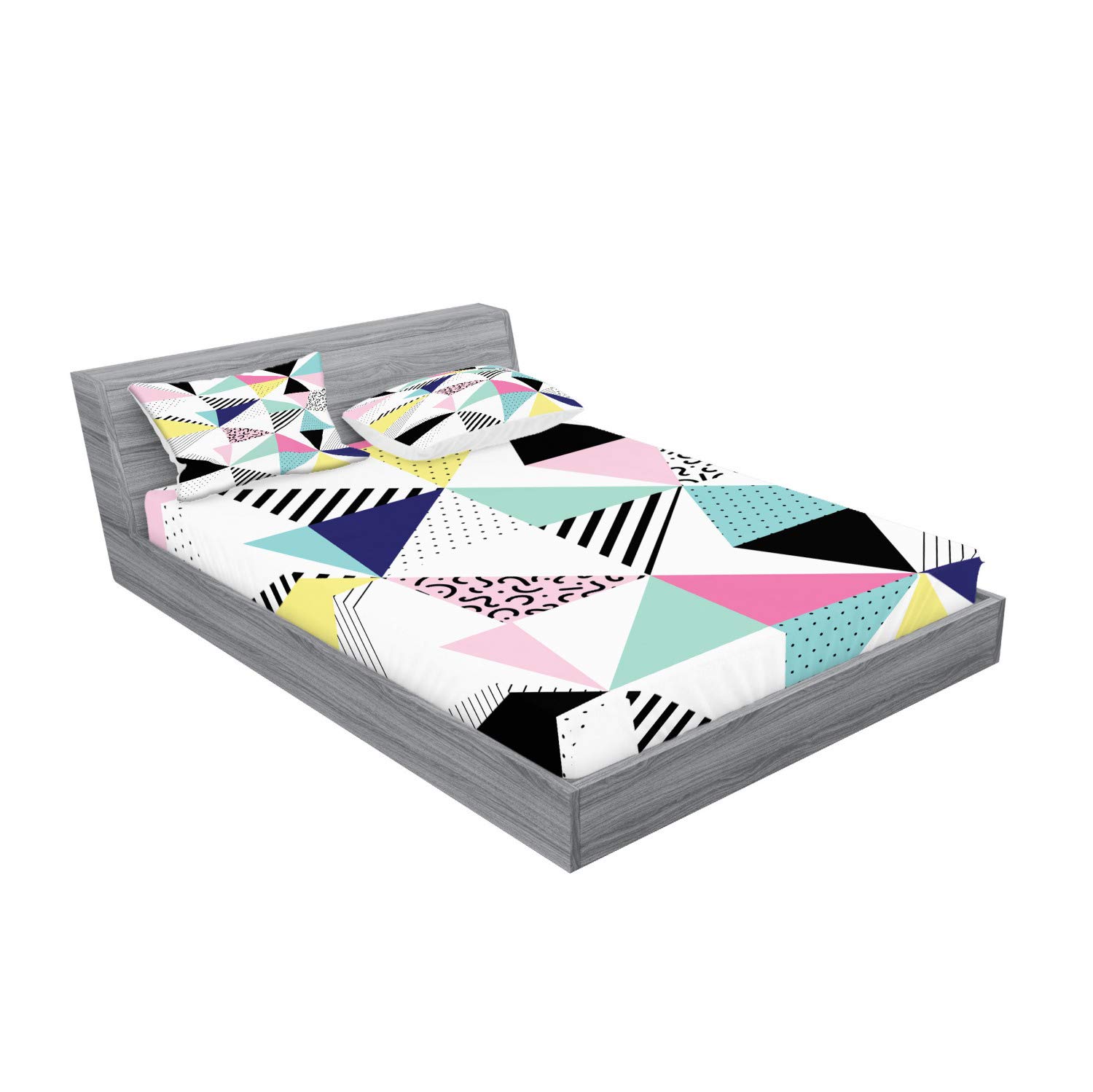 Ambesonne Eighties Fitted Sheet & Pillow Sham Set, Retro Memphis Style Pattern with Geometrical Shapes Funky Hipster Old Fashioned, Decorative Printed 3 Piece Bedding Decor Set, King, Multicolor