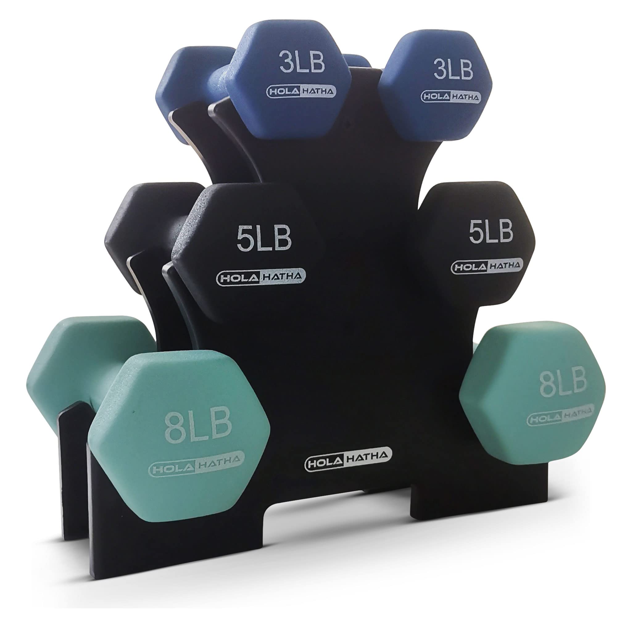 HolaHatha 2 3 5 8 and 10 Pound Neoprene Dumbbell Free Hand Weight Set with Rack Ideal for