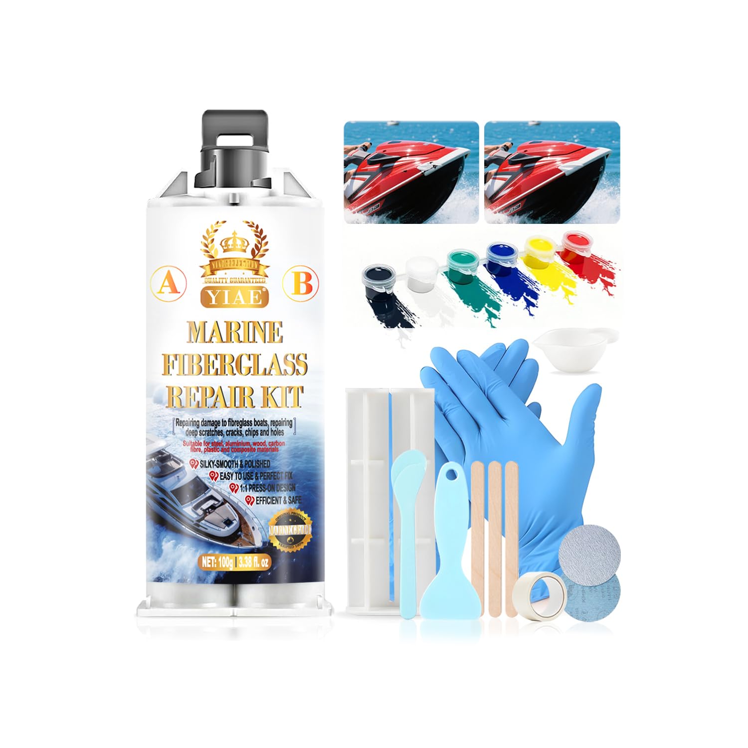 YIAE Marine Fiberglass Repair Kit for Boats Pro Gel Coat & Epoxy Resin to Fix Holes, Chips, Deep Cracks on Kayaks, Sailboats | DIY Fiberglass Boat Repair with Color Match and Fast Cure (3.38 oz)