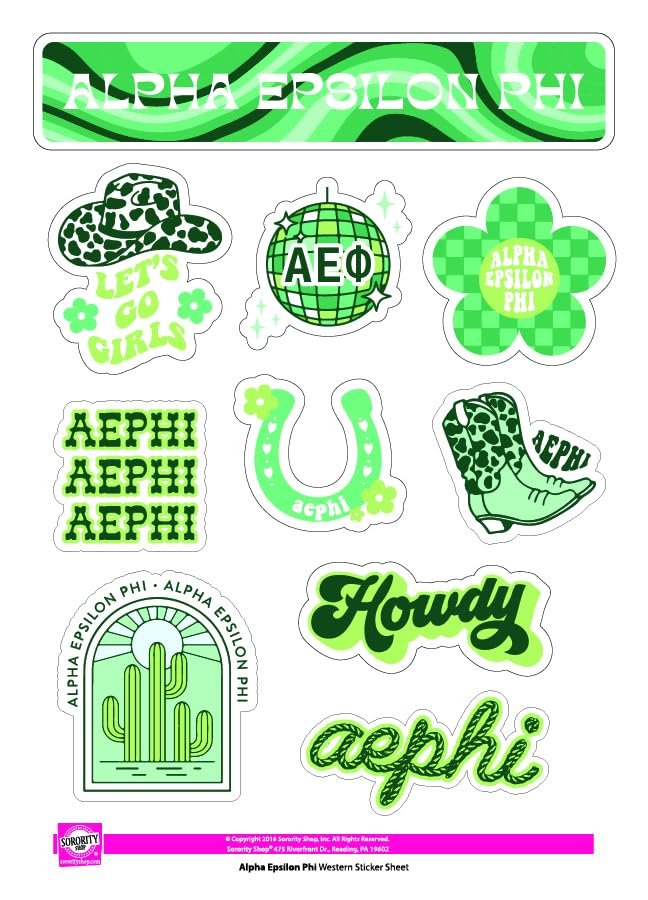 Alpha Epsilon Phi Sticker Sheet - Western Design Vinyl Sorority Stickers with Officially Licensed Designs, Removable Adhesive, 10 Stickers per Sheet, by Sorority Shop