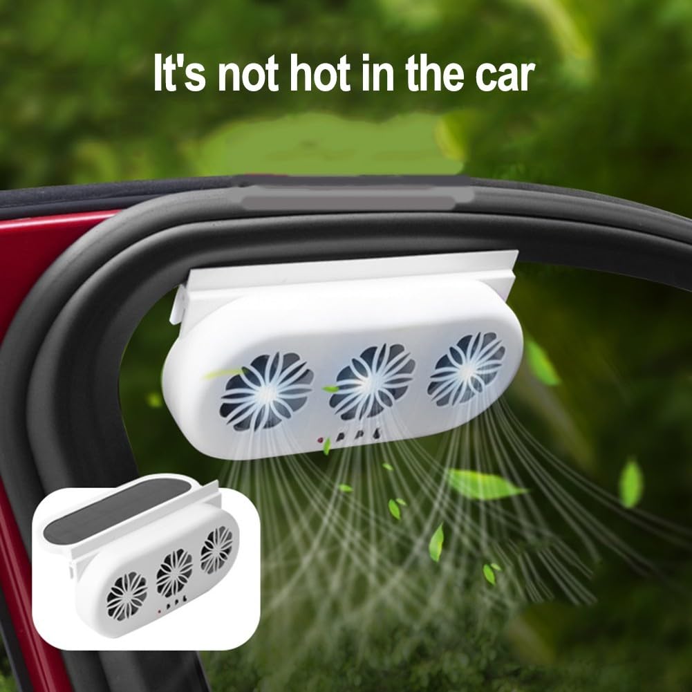 Ventilador extractor de aire para coche alimentado por energía solar Ventilación de triple cabezal USB y carga de 12 V 23 × 11.3 × 5.2 cm para refrigeración del vehículo (blanco)