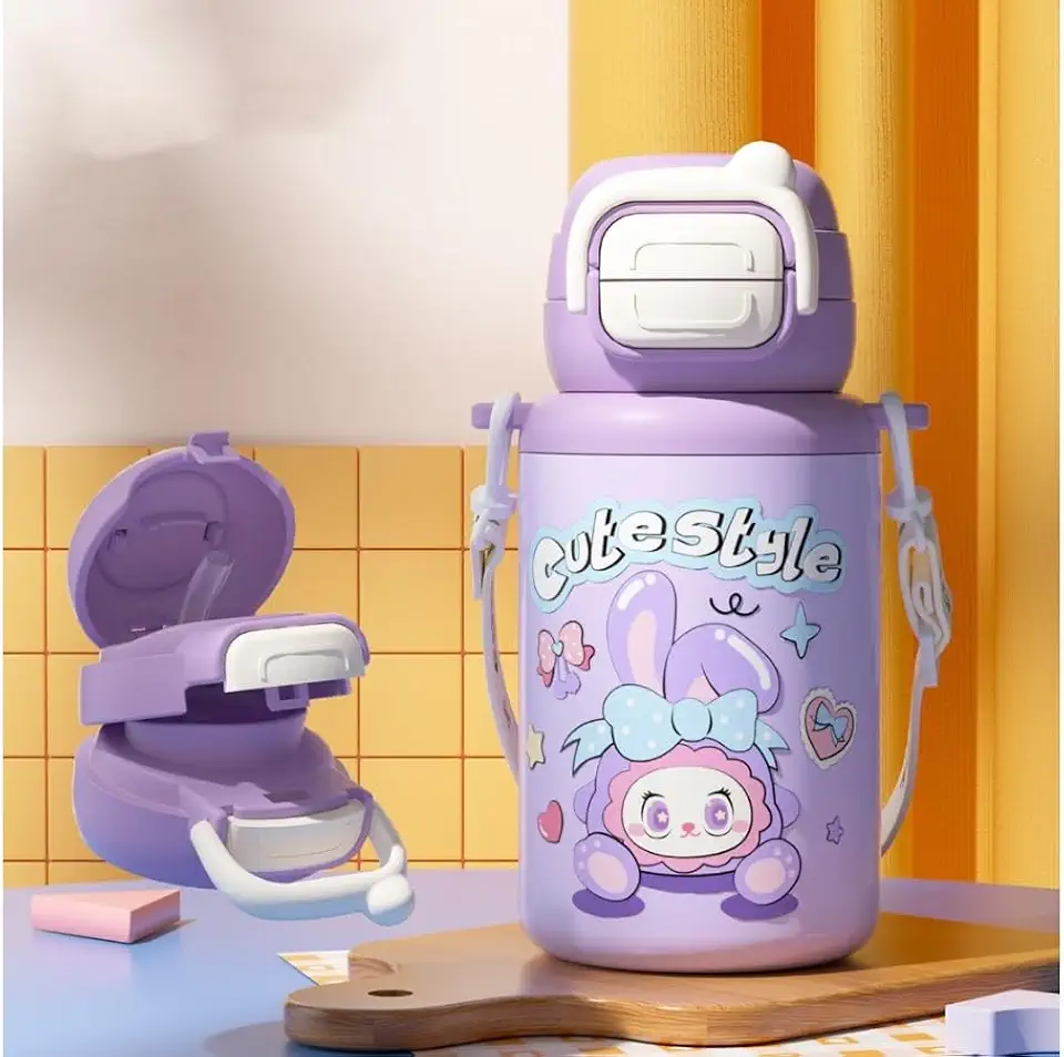 Garrafa de Água Infantil Térmica 500ml com Canudo Antivazamento – Squeeze Escolar para Crianças, Tampa Segura, Livre de BPA (ROXO)
