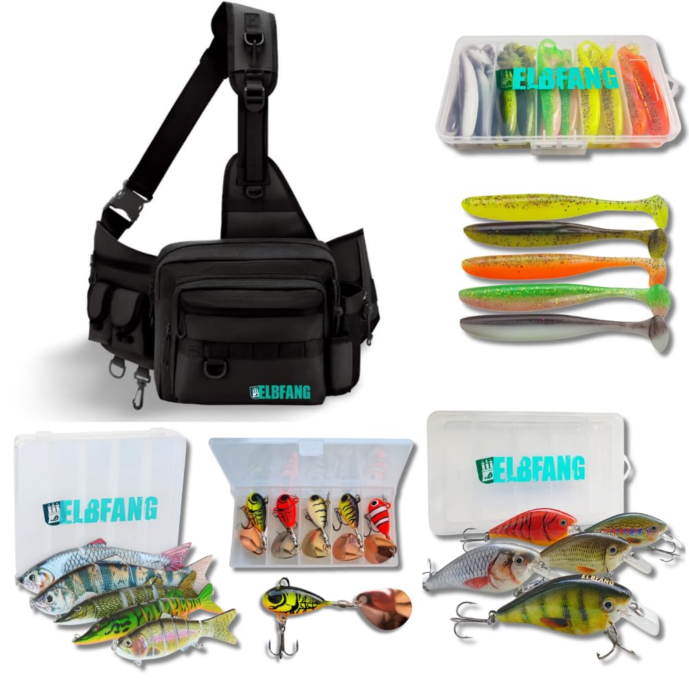 Borsa da pesca piena di scatole da pesca | completa di wobbler esche artificiali in gomma | accessori da pesca per luccio, lucioperca, pesce persico