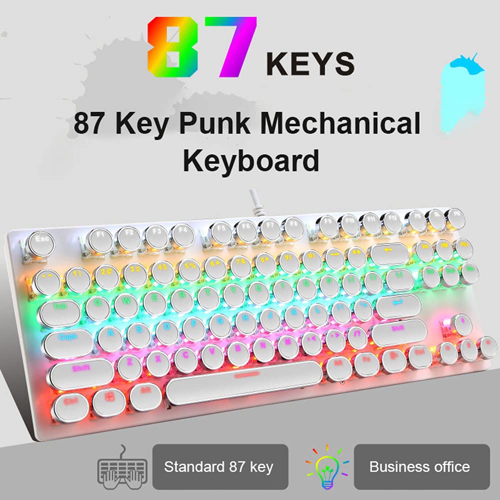 Mechanische Gaming-Tastatur, 87 Tasten, Retro-/Punk-Schreibmaschine, blauer Schalter, Regenbogen-Hintergrundbeleuchtung, Anti-Ghosting, USB-Kabel, für PC, Desktop-Computer, für Spiel und Büro (weiß)