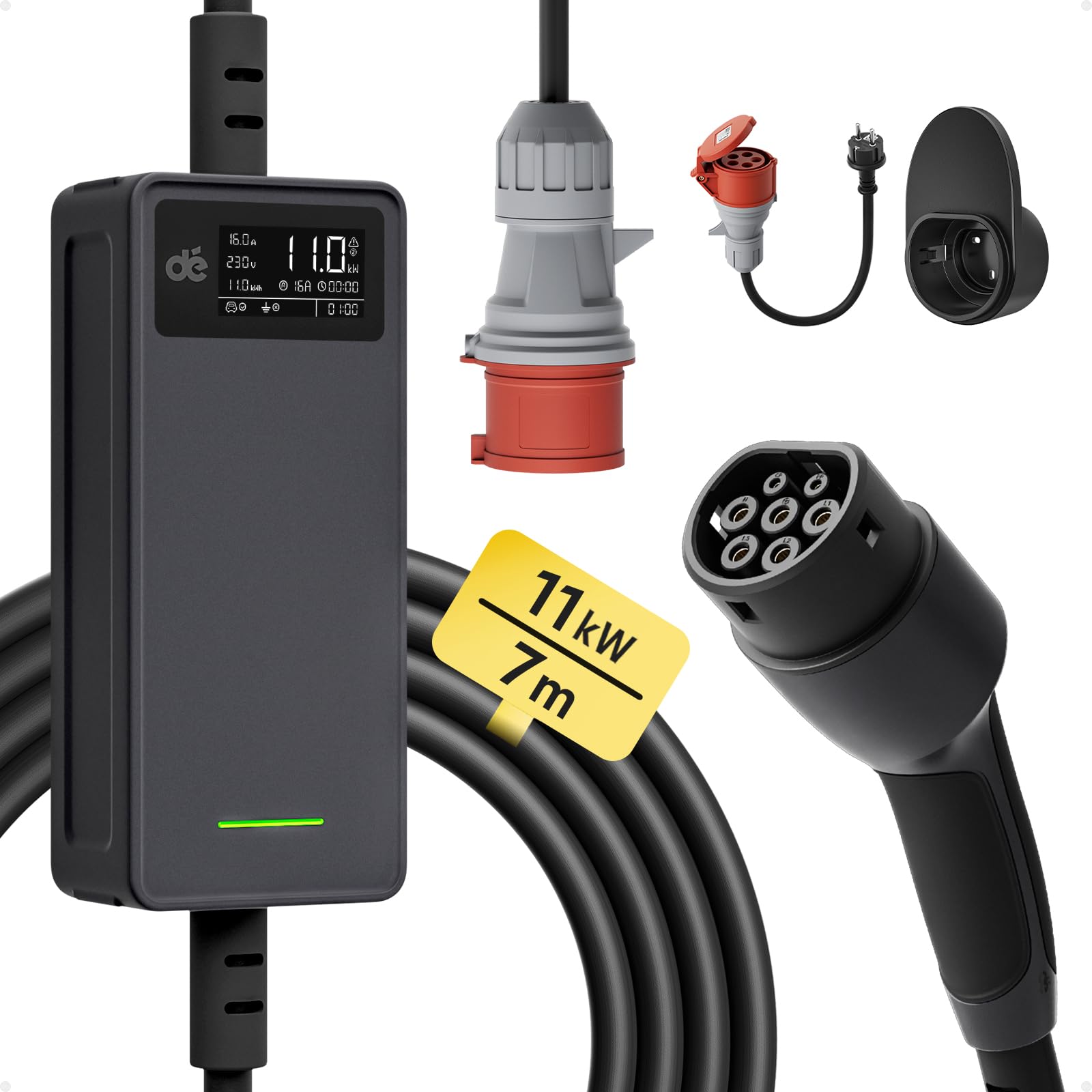 Kabel do ładowania typu 2 11 kW Wallbox 3-fazowy 7 m 6-16 A do EV ID.3, ID.4, ID.5, Model Y, Model 3, e-up, e-tron, Zoe