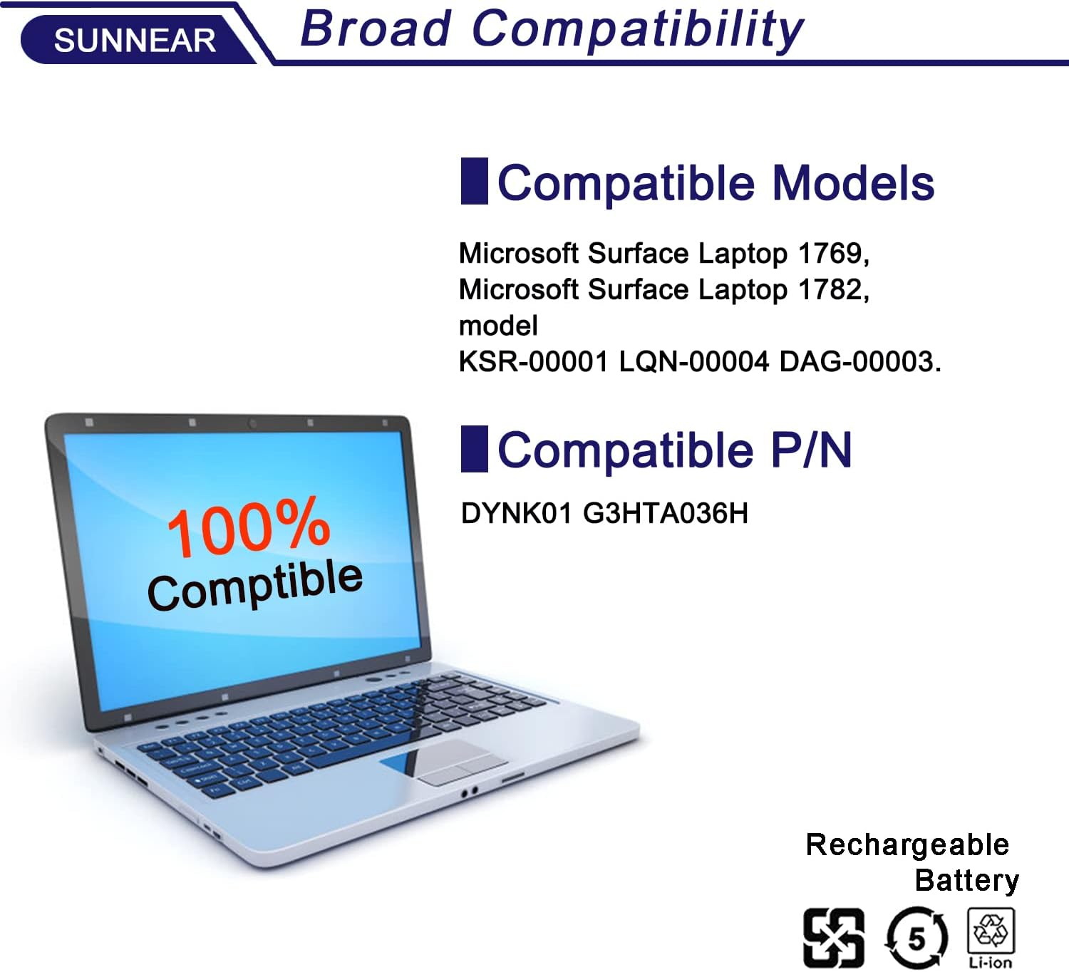 New DYNK01 G3HTA036H Battery Replacement for Microsoft Surface Laptop Model 1769 1782, 13.5-Inch KSR-00001 LQN-00004 DAG-00003 7.57V 45.2Wh 5970mAh 4-Cell -Come with Tools image 5 of 7 B08791FLXB