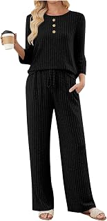 Womens 2 Piece Lounge Sets 3/4 Sleeve Shirt and Pants, Matching Airport Travel Outfits Ribbed Pajamas with Pockets