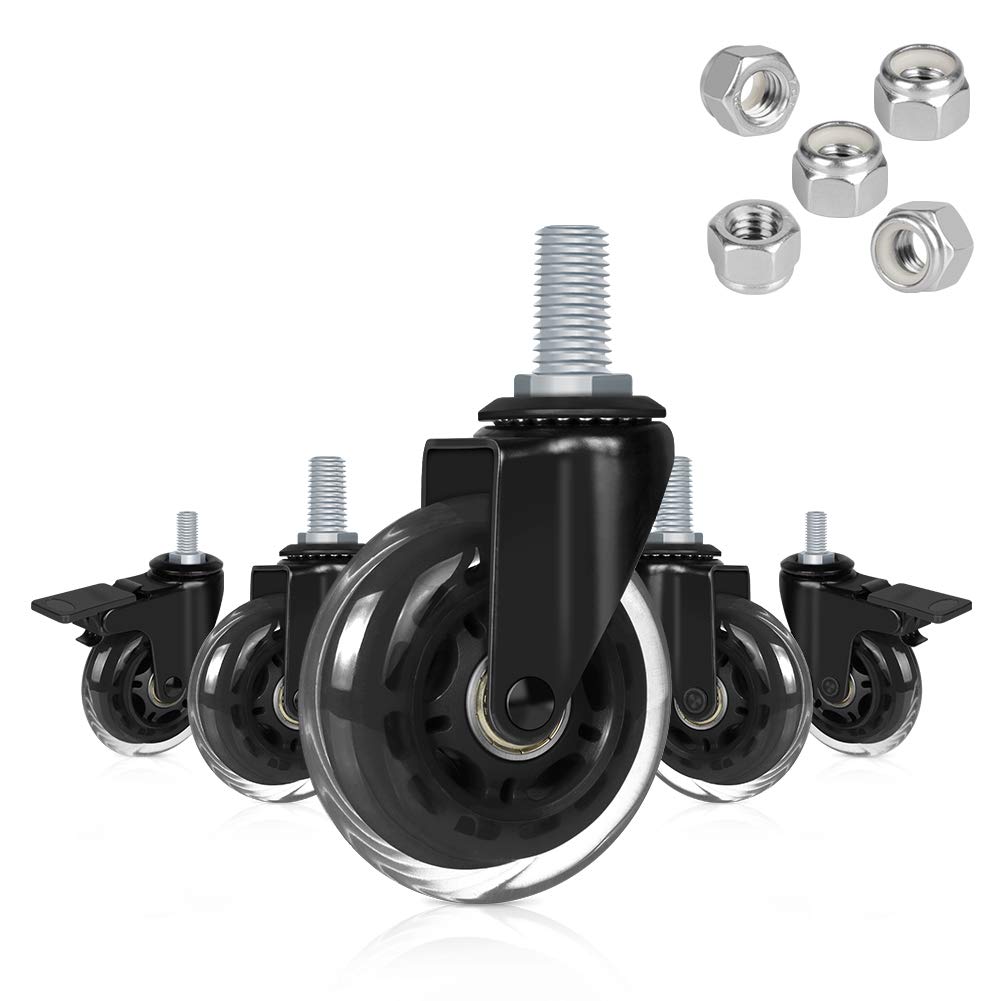 Hirate 3" Caster with 3/8"-16UNC Threaded Stem(2 Casters with Brake Lock, 3 without), Heavy Duty Swivel Stem Casters with Lock Nuts for Hardwood Tile Carpet Floor
