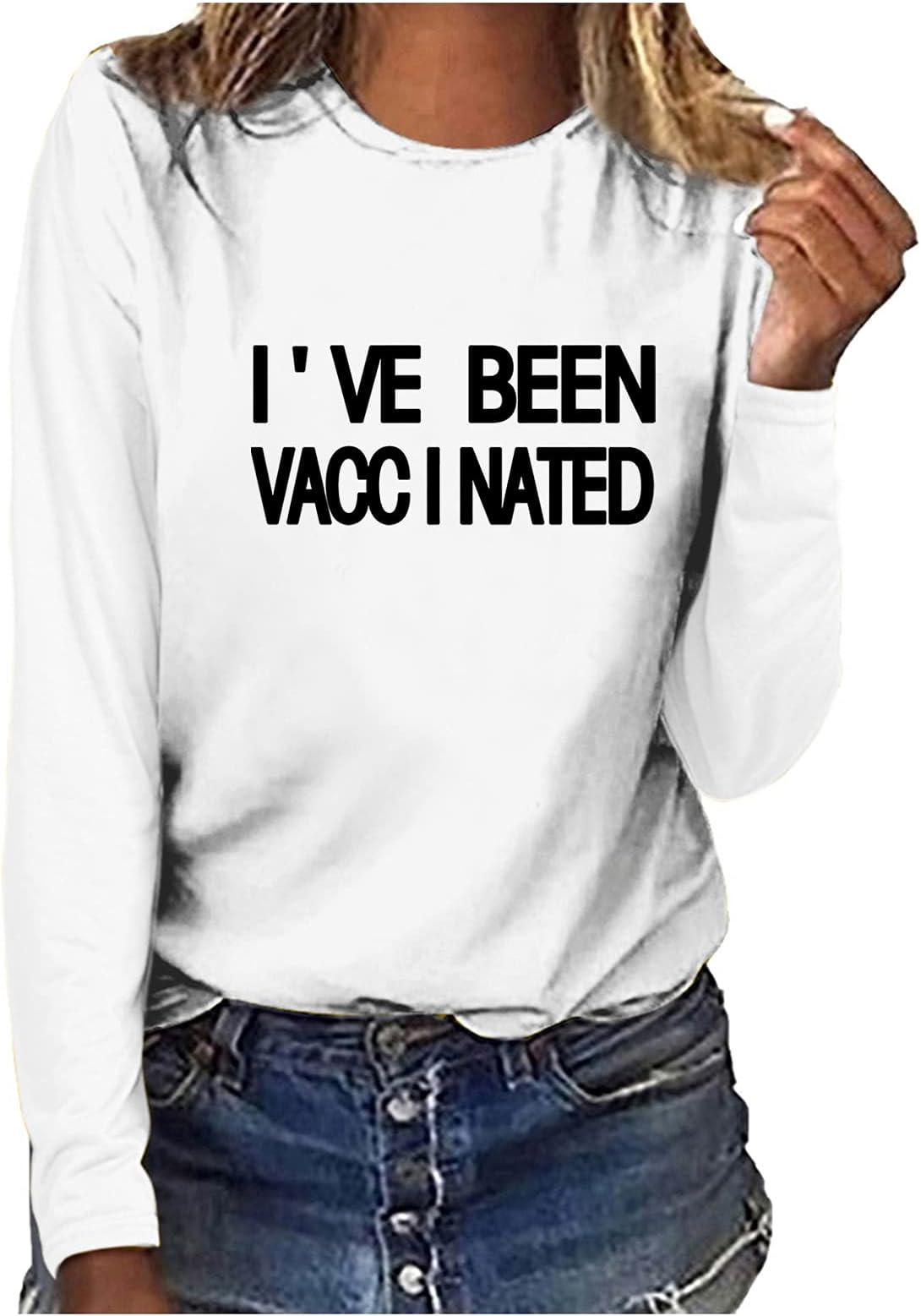 GDJGTA Tops Tee Shirts for Women Loose Fit Letter Printed Crewneck Long Sleeve Tunic Blouse Pullover I've Been VACCI NATED
