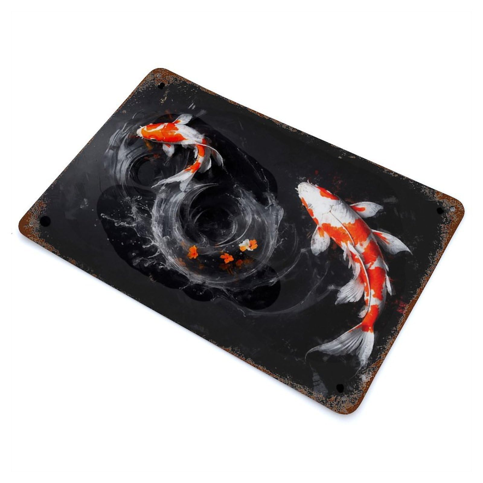 Rust Effect Swirling Koi Aged Metal Wall Plaque 11.8"x7.9", Rustic Home Decor for Bistro, Counter And Cafe Decor