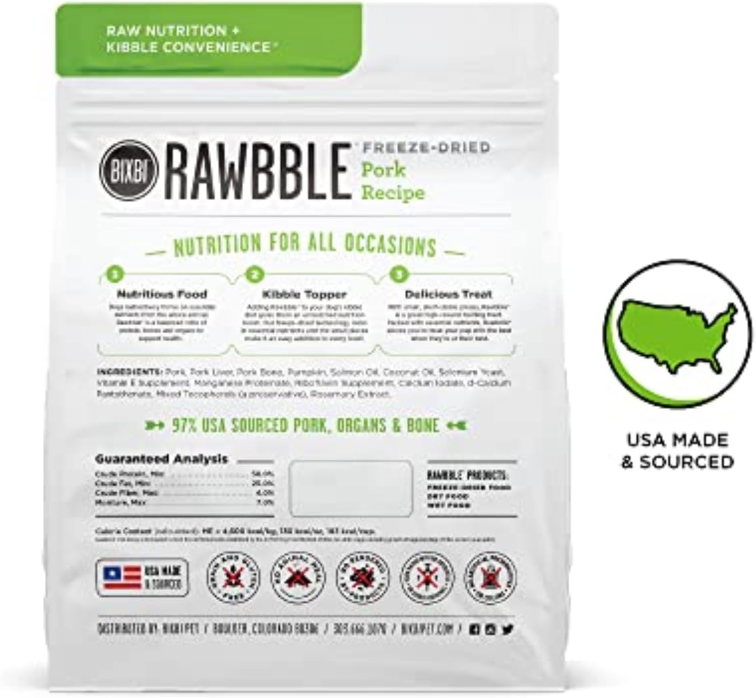 BIXBI Liberty Freeze-Dried Dog Food Topper & Treats, Pork – 97% Meat & Organs, No Refrigeration – USA Made, 12 oz