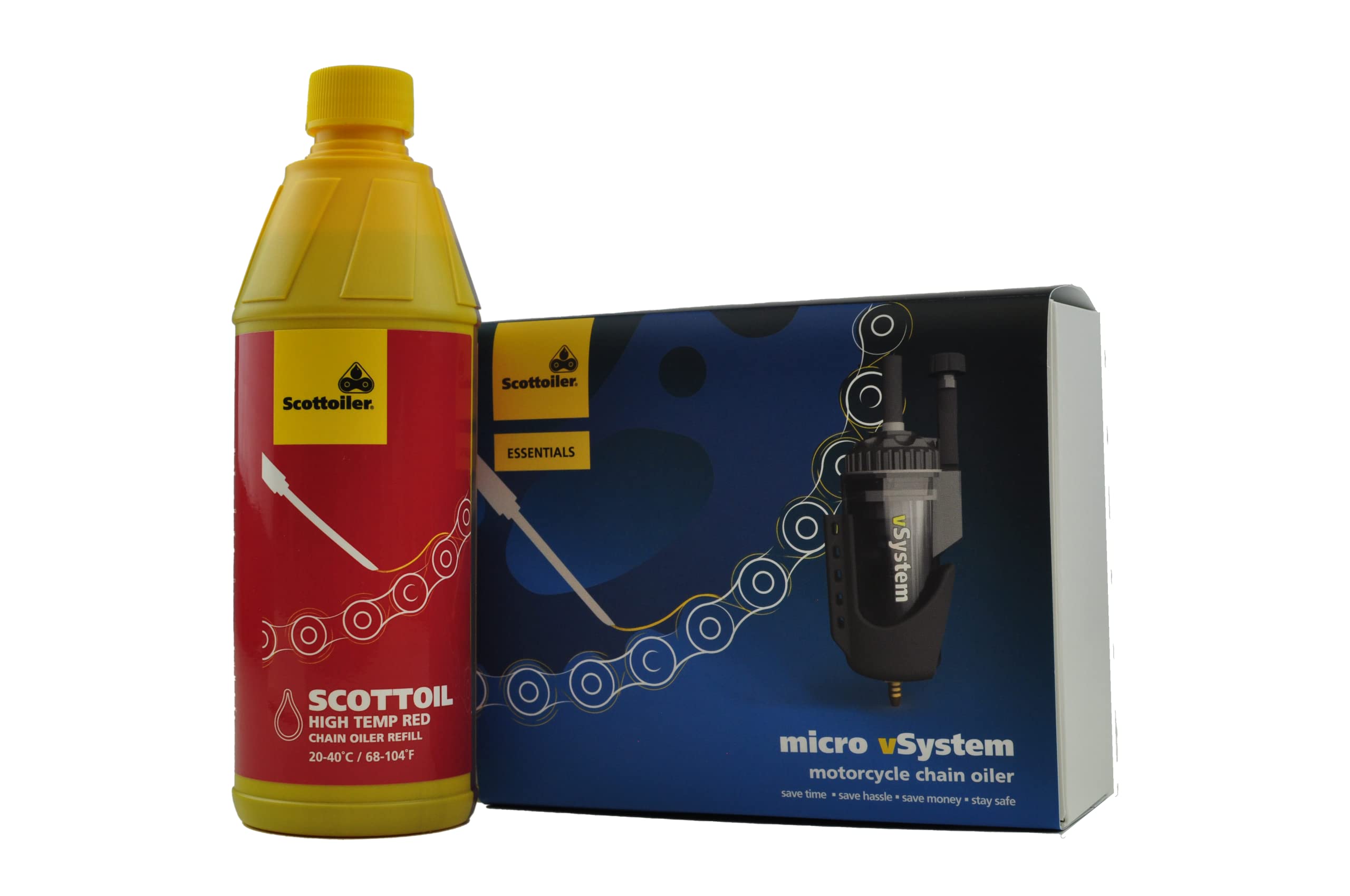 Scottoiler Essentials - Micro-vSystem - Automatic Motorcycle Chain Oiler and Red High Temperature Scottoil Refill - High Temperature Starter Kit Bundle