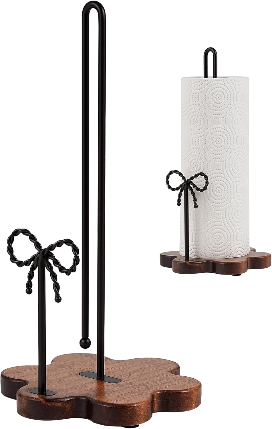 Wood Paper Towel Holder Countertop,Floral Wood Base with Iron Bow Decor,Dual Antique Brown Iron Rods,Stable Non-Slip,Elegant Farmhouse Style for Kitchen&Dining Room