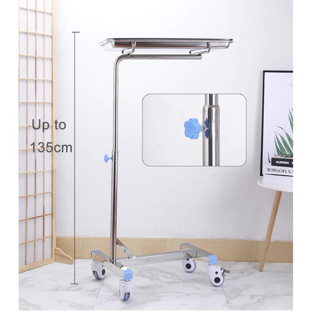 Soporte de bandeja móvil de altura ajustable con carrito de acero inoxidable para equipos médicos, tatuajes y salones de belleza