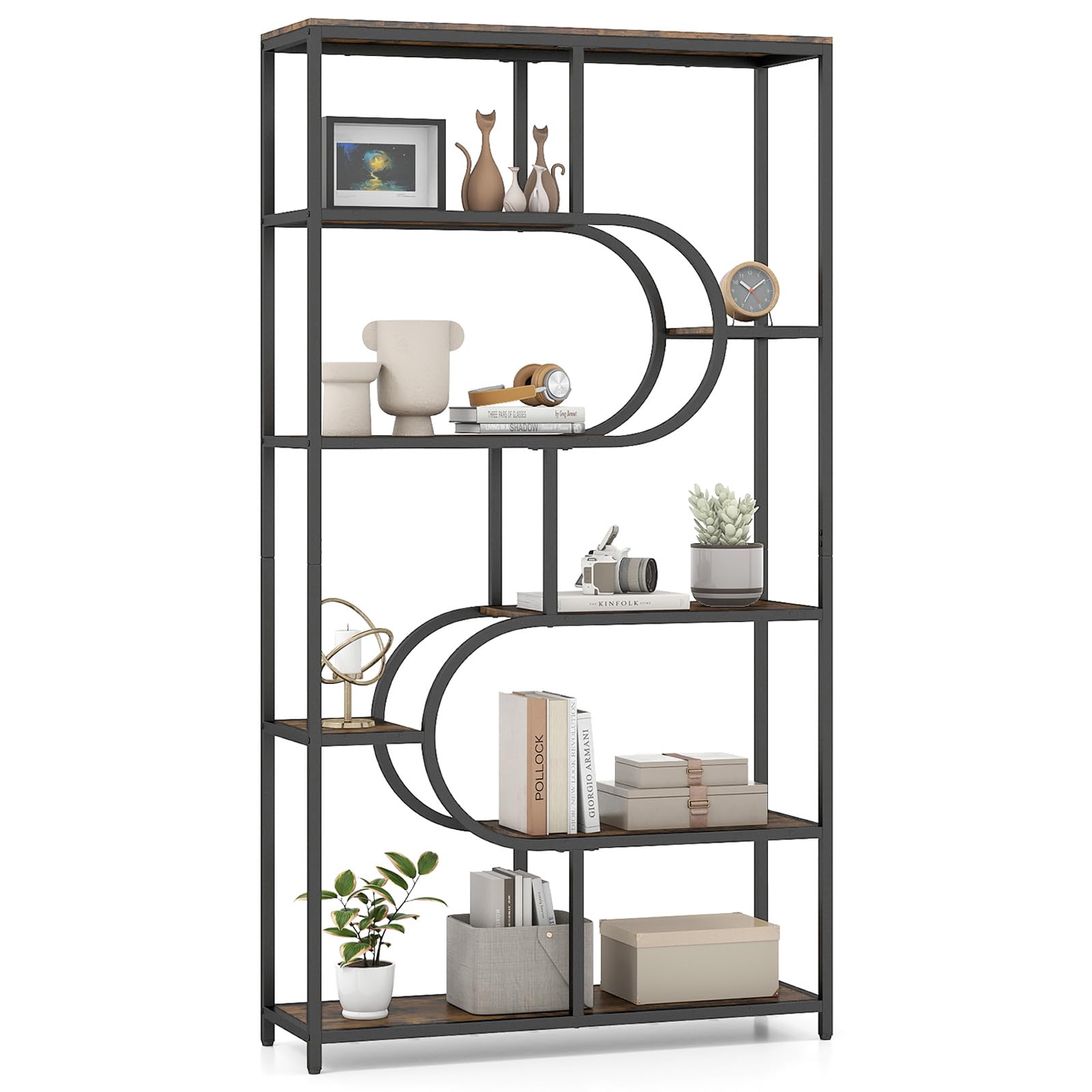 COSTWAY 8/10-Tier Bookshelf, Industrial Etagere Bookcase with Open Storage Shelves, Freestanding Metal Frame Tall Display Shelf Storage Organizer (Rustic Brown + Black, 95 x 30 x 176 cm, 8)