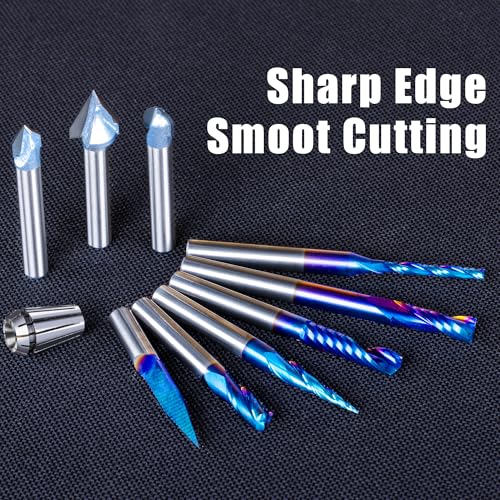 Image of FoxAlien 1 /4 inch Shank 3D Carving Router Set - V-Groove, Spiral End Mills, Tapered Bit for Wood Relief Carving, Woodworking, Lettering (10-in-1) - Includes 1 /4 inch ER11 Collet