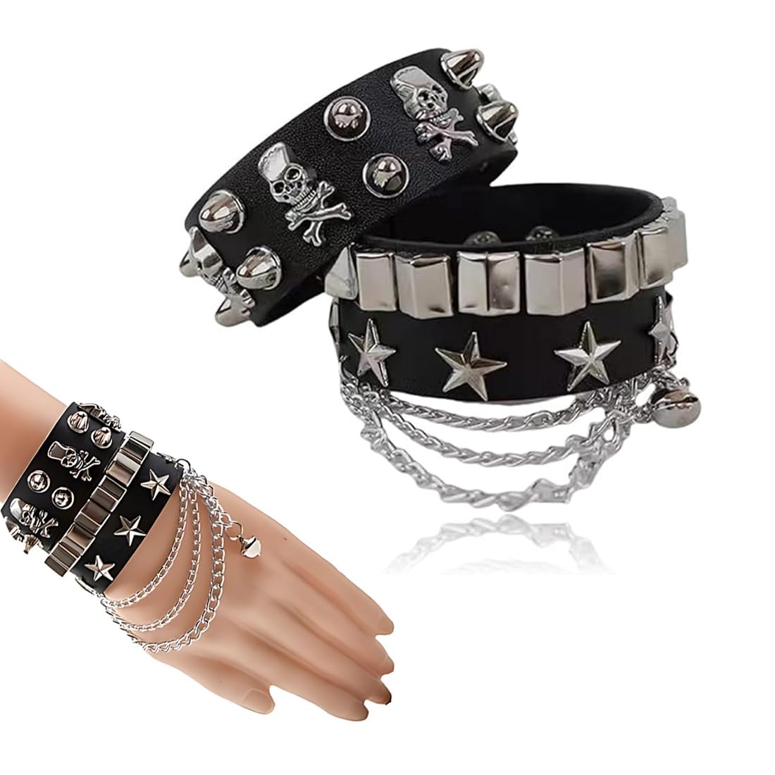 PEOVLVN 3 braccialetti in pelle punk, con borchie, regolabili, stile gotico, per uomini e donne, accessori emo anni '80, gioielli per Halloween