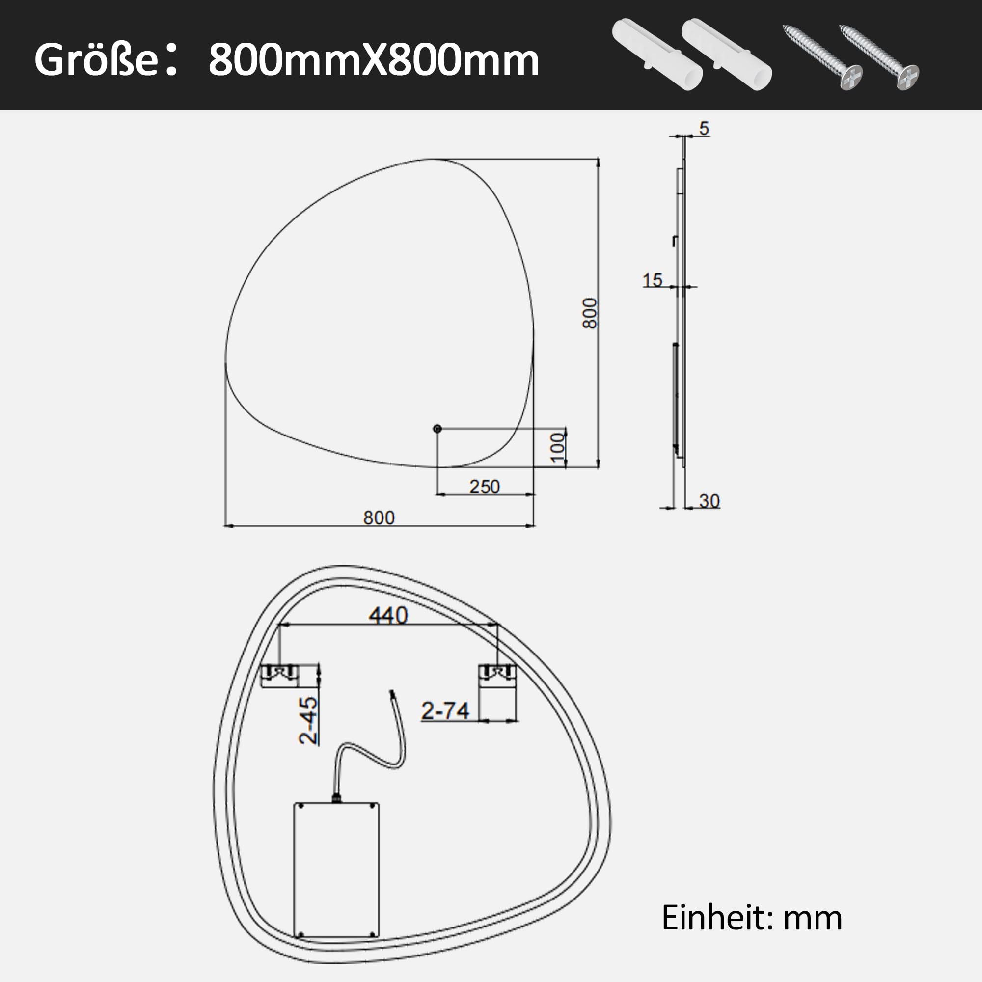 Boromal Asymmetrischer Badspiegel mit Beleuchtung 80x80cm LED Asymmetrischer Spiegel mit Beleuchtung Spiegel mit Licht Badezimmer Wandspiegel mit Touch-Schalter, 3 Lichtfarbe Dimmbar