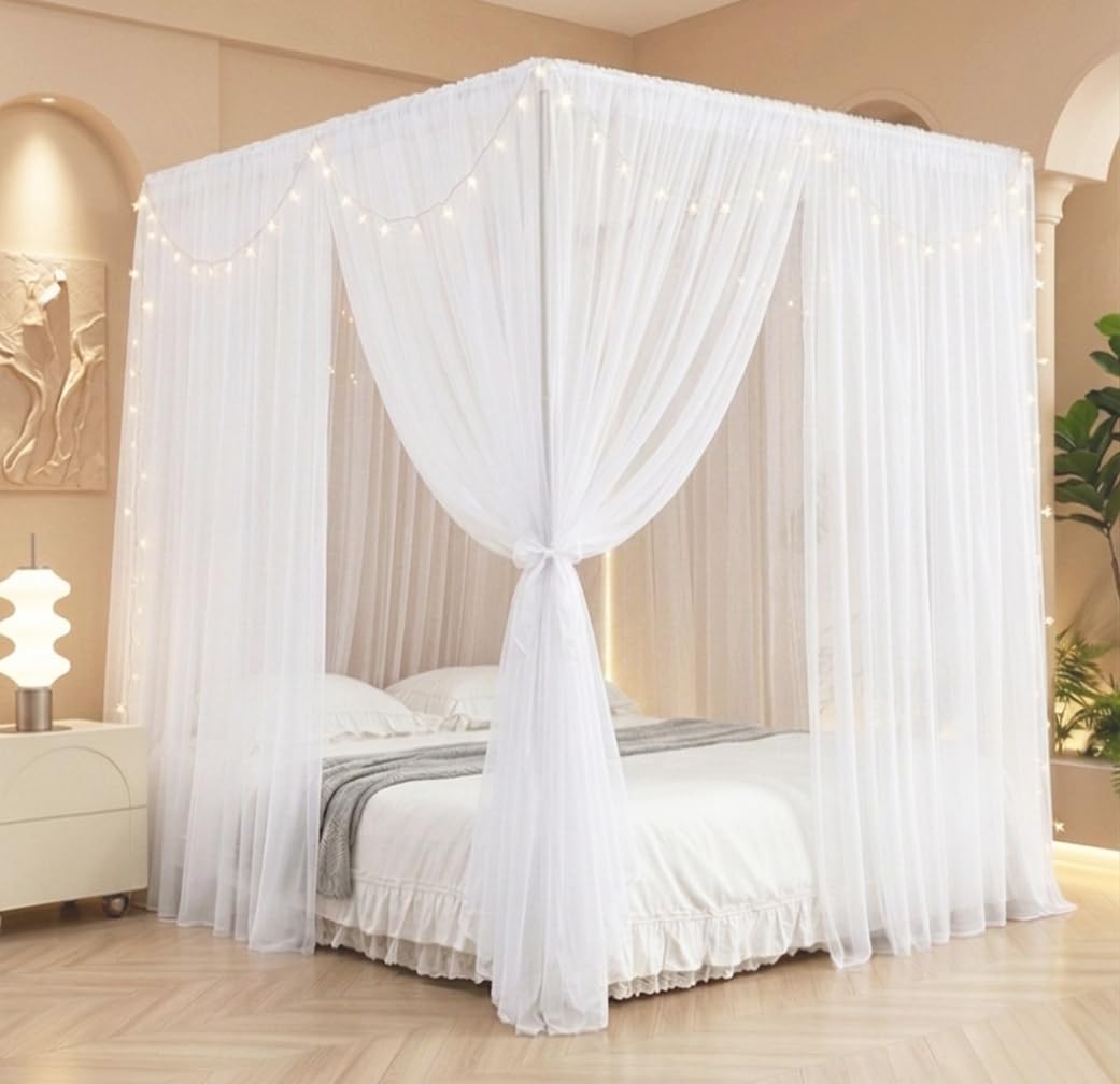 Akiky Set di tende da letto a baldacchino con stelle e tenda velata per letto king size, 8 pannelli per baldacchino (king size, bianco)