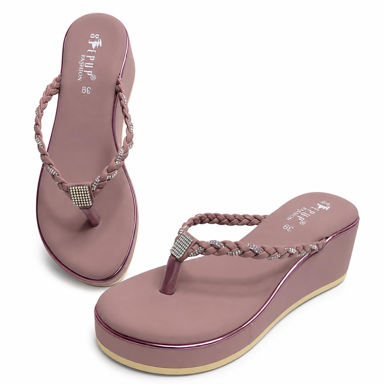 Women’s Braided Rhinestone Wedge Flip Flops | Platform Thong Sandals-picture-12