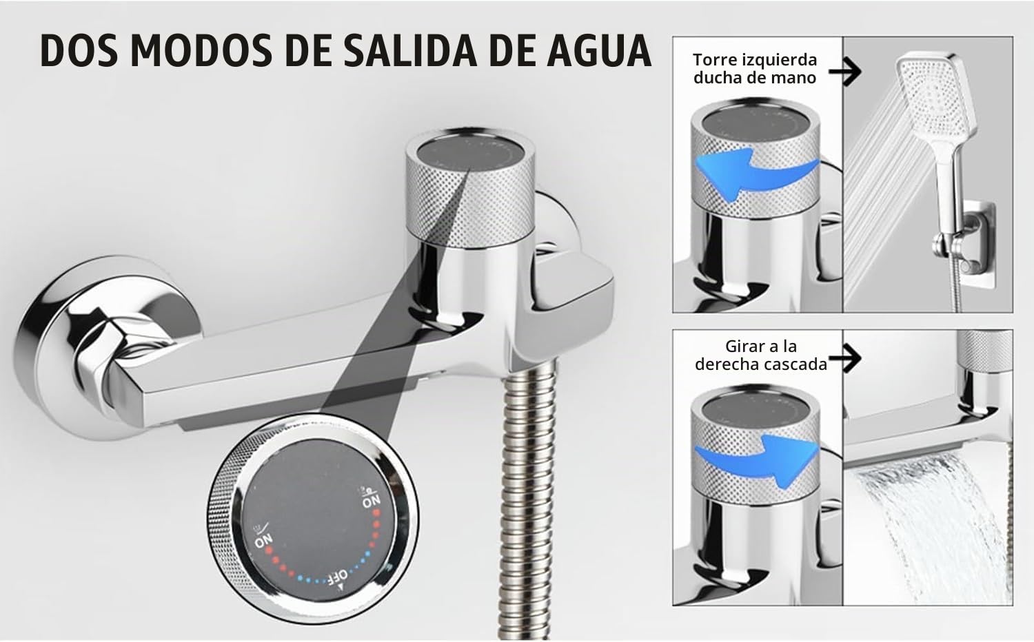 Grifo de bañera con termostato con 2 salidas, grifo de ducha con botón de seguridad, grifo mezclador para bañera y ducha, montaje en pared, cromado